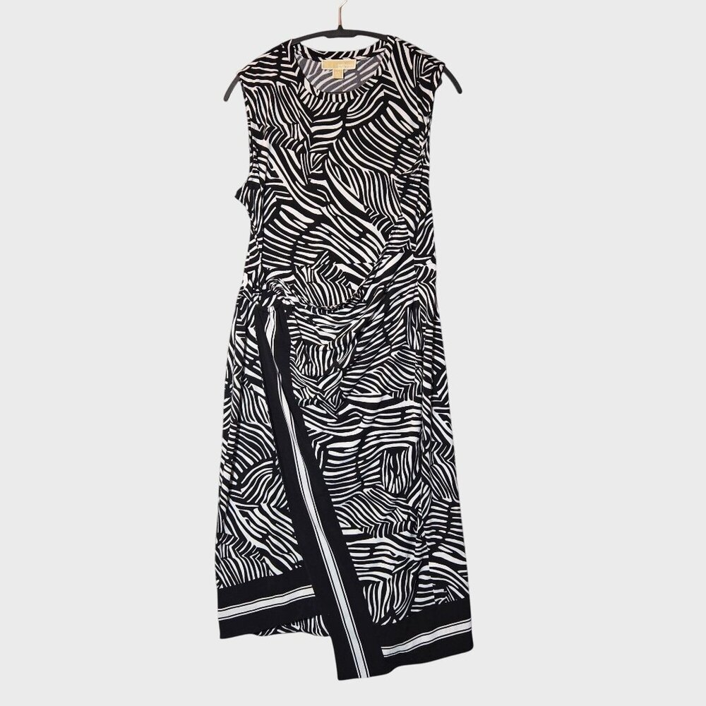 Michael Kors Zebra Print Faux Wrap Midi Dress Petite XL Black White Artsy NWT
